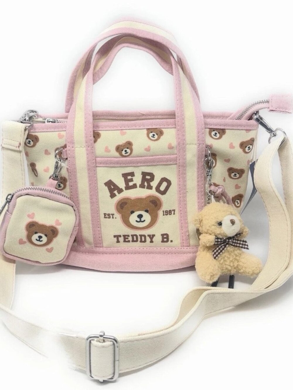 "Aeropostale" Pink Teddy Bear mini tote bag purse w/ Bear Charm and Coin Purse.